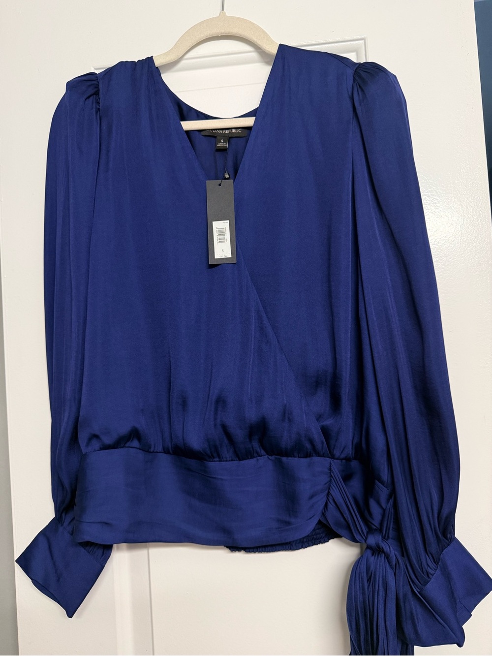 NWT Banana Republic Royal Blue Satin Wrap-Front Blouse size S